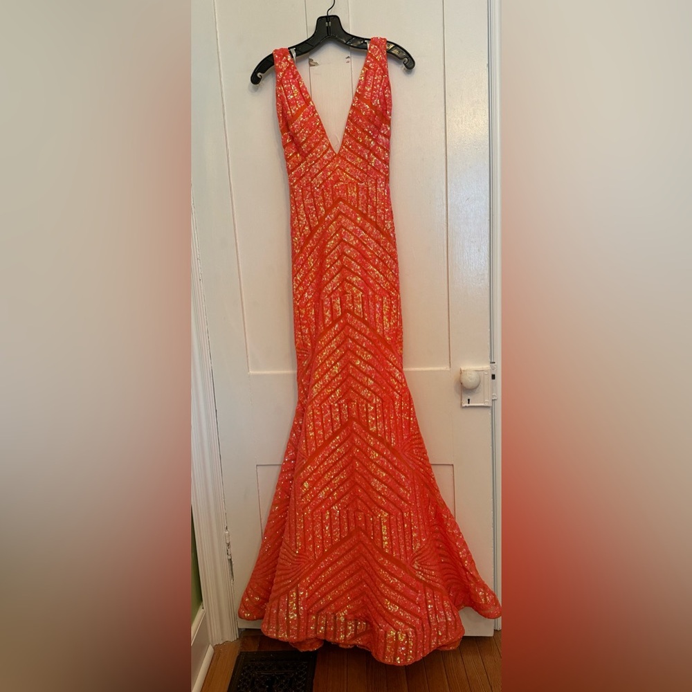 Jovani Orange Sequin V-Neck Prom Gown - Picture 1 of 5